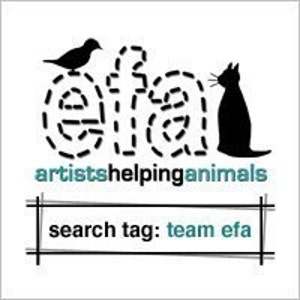 K&ouml;nnte beinhalten: Ein schwarz-wei&szlig;es Logo mit dem Text "efa", der aus einer gepunkteten Linie gebildet wird, mit einer Vogel- und Katzensilhouette. Darunter stehen die Texte "artists helping animals" und "search tag: team efa".