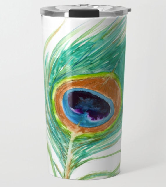 Travel Mug Stainless Steel Metal Coffee Cup Peacock Feather Watercolor  Painting 