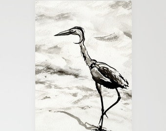 Carte d'art grue - aquarelle oiseau - note ou carte de voeux