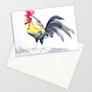 Tarjeta de arte de gallo - Pintura de acuarela - Nota o tarjeta de felicitación