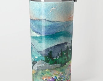 Travel Mug - Stainless Steel Metal Coffee Cup - Valley of Dreams Watercolor Painting