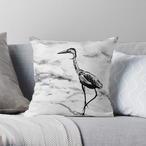 Decorative Pillow Cover - Heron Crane Bird Art - Throw Pillow Cushion - Fine Art Home Decor