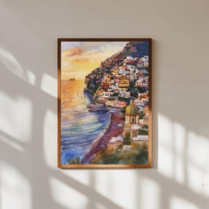Positano Sunset Watercolor Print: Amalfi Coast Italian Landscape