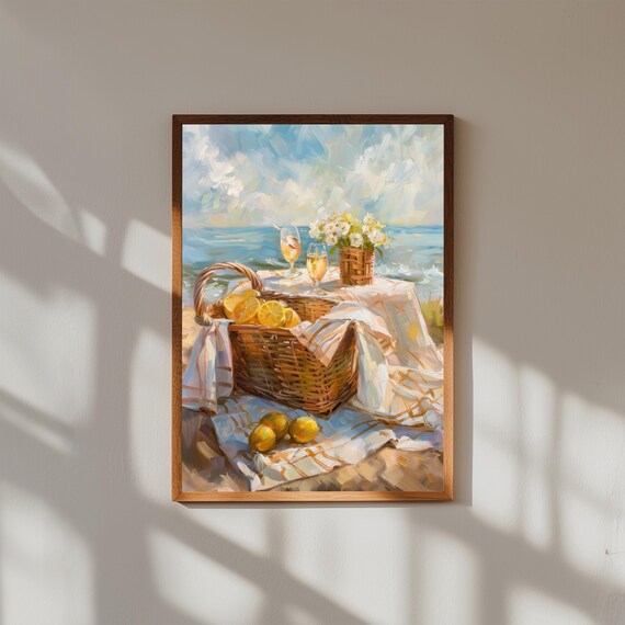 Seaside Picnic with Wicker Baskets Oil Painting | Vintage Coastal Wall Art | Beach Picnic Print | Romantic Ocean Decor