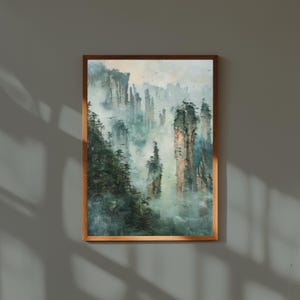 Zhangjiajie Misty Pillars Ölgemälde - Mystische Berglandschaft Druck - Morgennebel Natur Wandkunst - Ätherisches China Poster