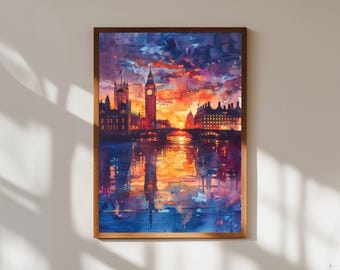 London Big Ben Watercolor Print: Sunset Cityscape Wall Art