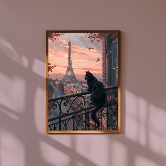 Stylish Black Cat on Paris Balcony Illustration – Eiffel Tower View Parisian Wall Art, French Chic Cat Print, Elegant Animal Decor