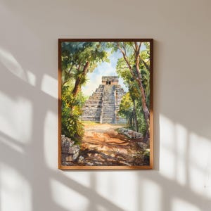Chichen Itza Watercolor Print, Mayan Pyramid Wall Art, Mexico Travel Poster, Ancient Ruins Decor, Jungle Landscape, Adventure Gift