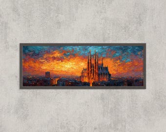 May include: A framed panoramic painting of a cityscape at sunset. The artwork depicts a cathedral with tall spires, bathed in the warm glow of an orange and yellow sky. The painting is set against a backdrop of a vibrant, textured sky.