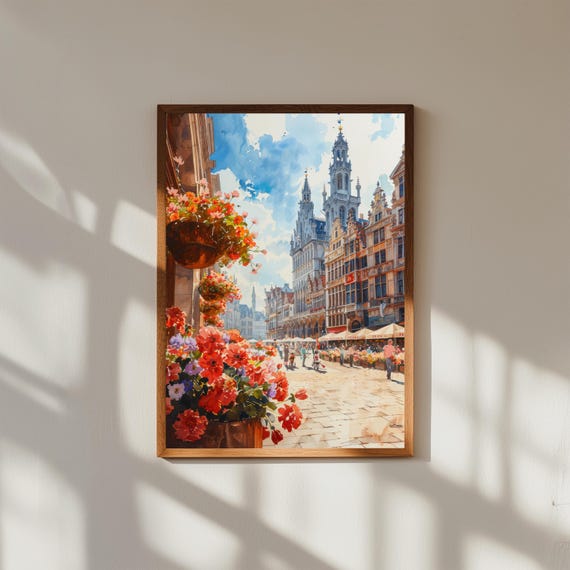 Watercolor Painting of the Grand Place Brussels | Ornate Guildhall Wall Art Print | Belgian Landmark Cityscape Poster