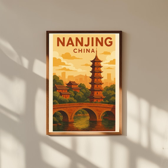 Nanjing China Vintage Travel Poster Print – Retro Wall Art of City Wall & Confucius Temple – Historic Chinese Decor for Home