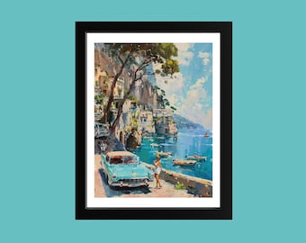 Amalfi Coast Vintage Car Print: Italy Coastal Landscape Art