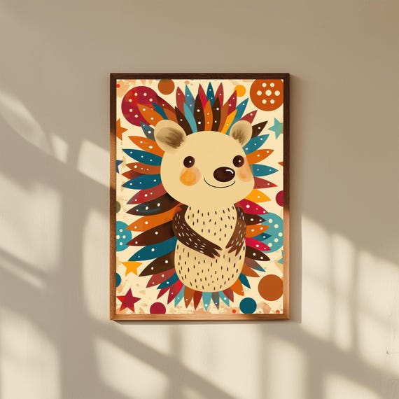 Funky Baby Hedgehog Nursery Art – Whimsical Woodland Animal Poster, Cute Hedgehog Wall Print, Modern Gender Neutral Baby Room Decor