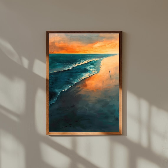Golden Hour Surfer Fine Art Print | Lone Surfer Walking on Shore Painting | Coastal Sunset Wall Art | Surf Minimalist Home Decor