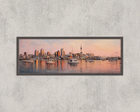 オークランド港の夕日の水彩画：スカイタワー、パノラマ