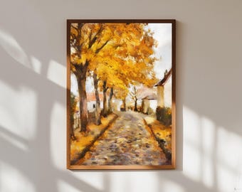 Herbst Dorf Straße Druck: Vintage Ölmalerei Herbst Landschaft