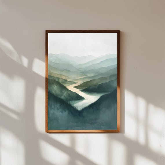 Highlands River Landscape Wall Art | Calm Nature Painting of Winding River Through Hills | Serene Mountain Scenery Canvas | Rustic Decor