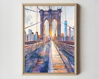 Impresión en acuarela del puente de Brooklyn: arte urbano del amanecer en Nueva York