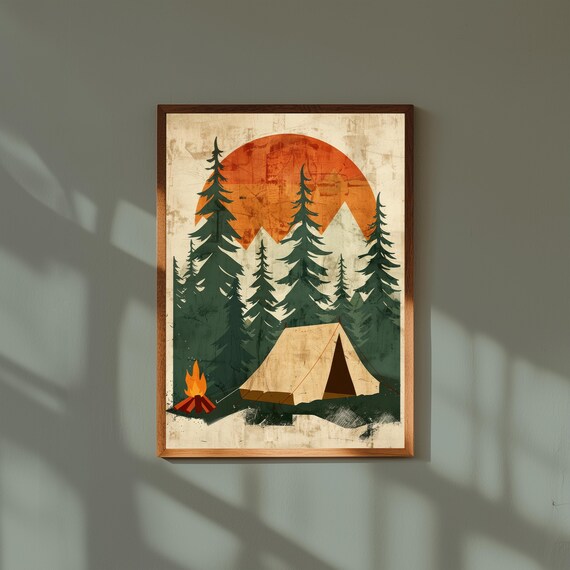 Retro Camping Wall Art with Tent | Vintage-Style Outdoor Adventure Print | Rustic Cabin Decor | Nature Lover Gift | Hike Camp Poster