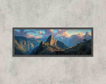 Machu Picchu Panoramic Wall Art | Ancient Inca Ruins Landscape Painting | Andes Mountain Nature Print