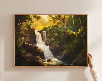 Waterfall Jungle Print: Tropical Landscape Wall Art, Boho Decor
