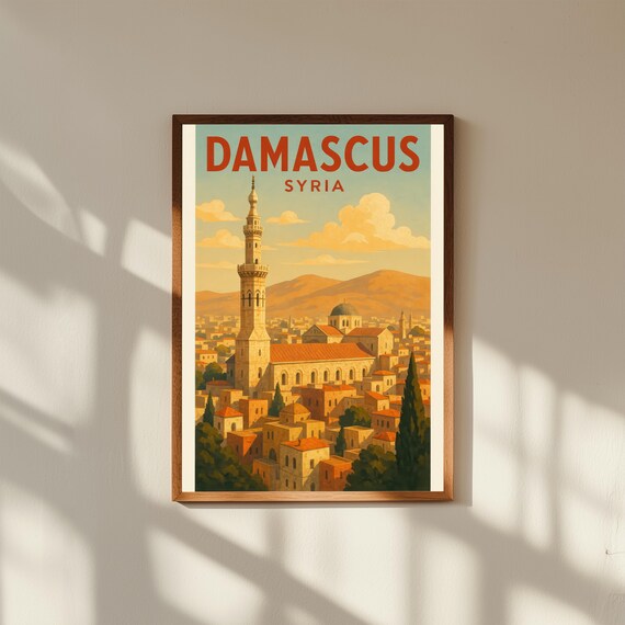 Damascus Syria Vintage Travel Poster Print – Retro Wall Art of Umayyad Mosque & Old City – Middle Eastern Heritage Decor