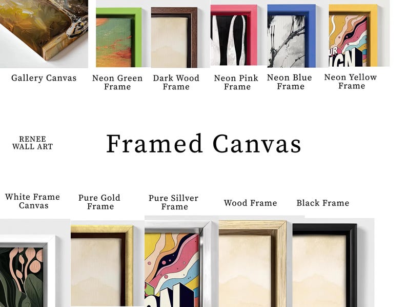 a collection of framed wall art, including various styles and colors, such as white, gold, silver, wood, black, and neon pink.