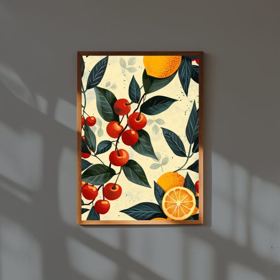 Retro Fruit & Veggie Wall Art – Vintage Kitchen Print, 50s Style Produce Poster, Mid-Century Modern Decor, Farm Fresh Market Art
