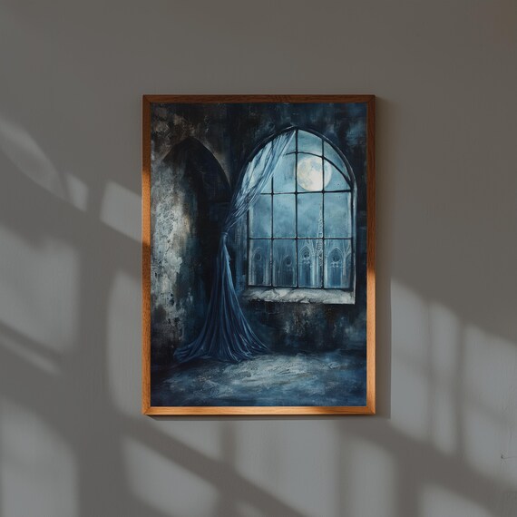 Dark Academia Fine Art Print – Arched Gothic Window with Sheer Curtains – Moody Vintage Wall Art for Study or Library