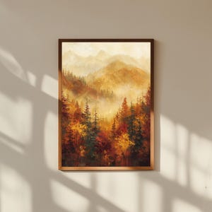 Goldener Herbstwald Ölgemälde Druck - Üppige Herbstlandschaft Poster - Dichter Wald Fine Art - Warme Natur Wanddekoration