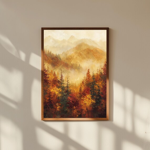 Golden Autumn Forest Oil Painting Print – Lush Fall Landscape Poster – Dense Woodland Fine Art – Warm Nature Wall Decor