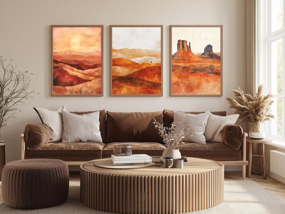 Desert Landscape Wall Art Set of 3 – Southwestern Canyon Sunset Prints – Earth Tone Boho Living Room Decor