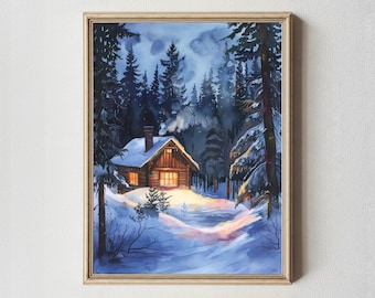 May include: Watercolor painting of a cozy cabin nestled in a snowy forest. The cabin has warm, inviting lights in the windows and smoke rising from the chimney. The artwork is framed in a light-colored wooden frame.
