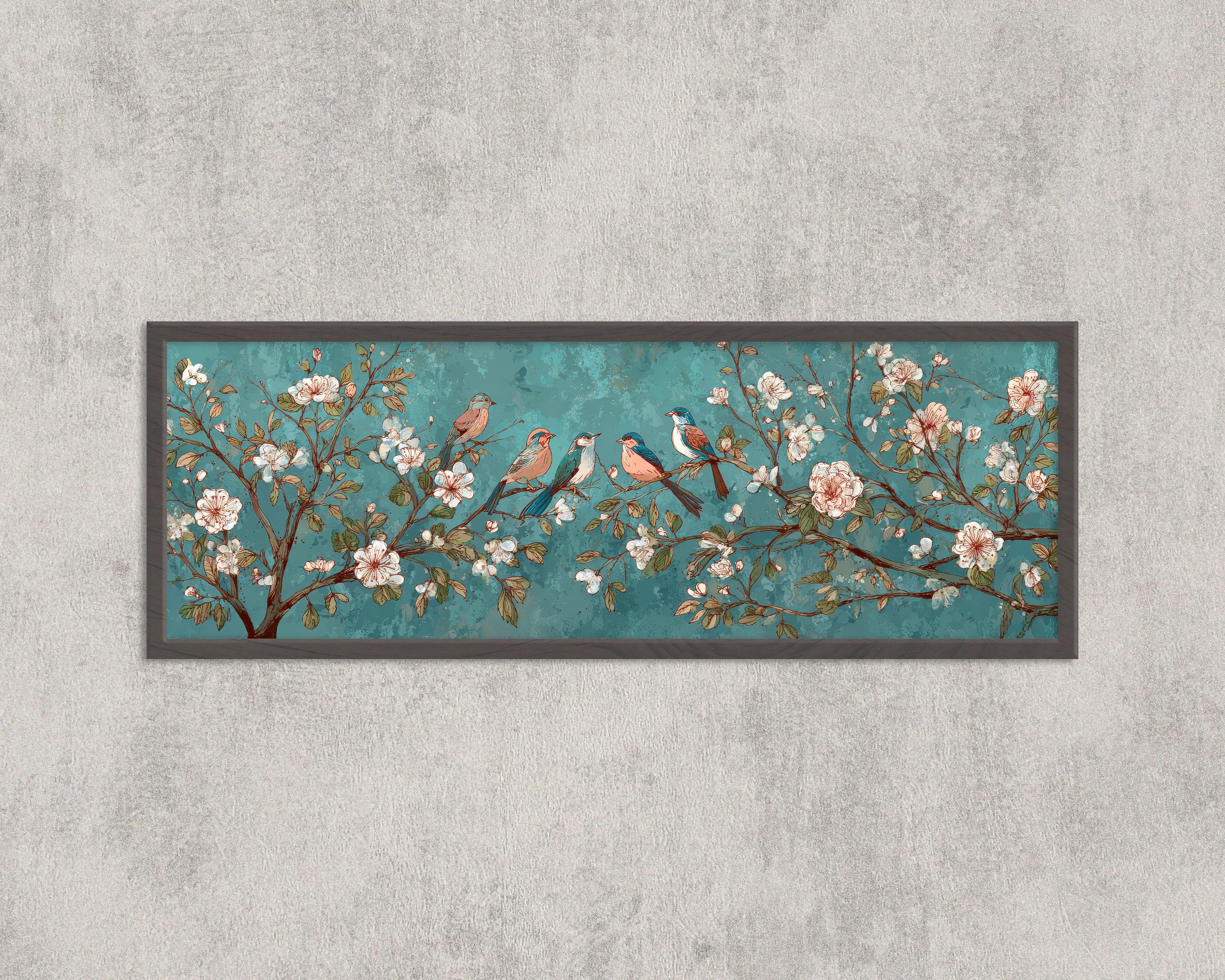 Teal Bird & Blossom Branch Print: Elegant Oriental Wall Art - Etsy