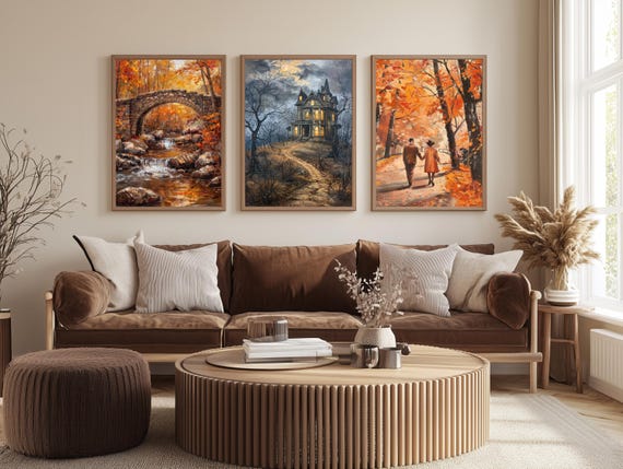 Fall Wall Art Set of 3 – Autumn Bridge, Haunted House & Romantic Walk – Cozy Halloween Home Decor Prints