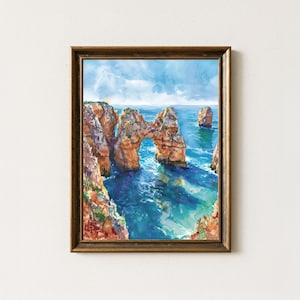 Lagos Portugal Watercolor Print: Coastal Cliff Algarve Seascape image 1