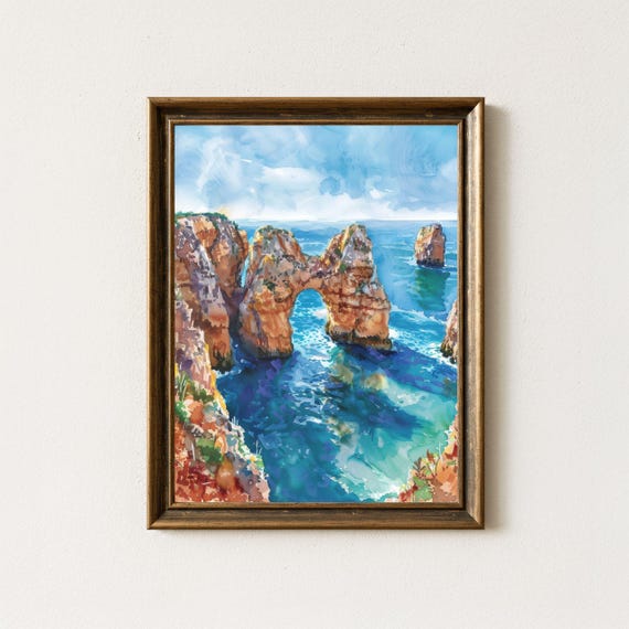 Lagos Portugal Watercolor Print: Coastal Cliff Algarve Seascape
