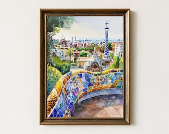 スペインの旅（水彩画） バルセロナ グエル公園、水彩ガウディ ビュー、カラフルなスペイン旅行