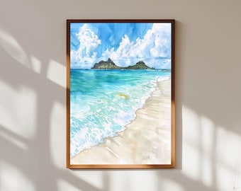 Lanikai Beach Hawaii Watercolor Print: Tropical Seascape Wall Art