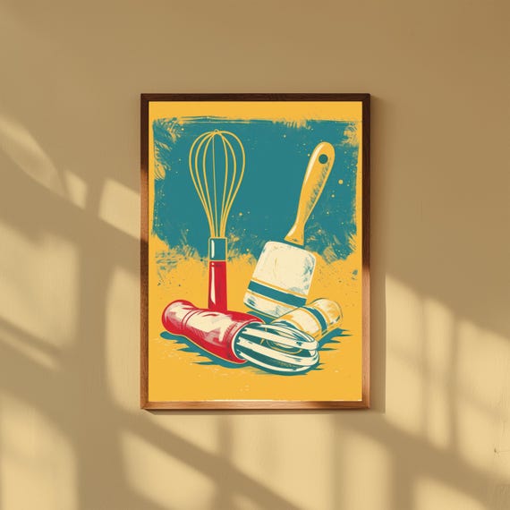 Retro Baking Wall Art – 50s Diner Style Print with Rolling Pin, Whisk, Oven Mitts, Bold Teal Red Mustard Colors, Vintage Kitchen Decor