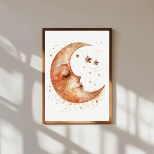 Mond und Sterne Aquarell Druck | Wunderliche Himmlische Kinderzimmer Wand Kunst | Weicher Pastell Nachthimmel | Verträumtes Babyzimmer Dekor | Sternenklares Poster