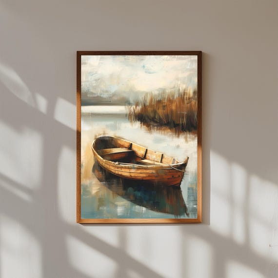 Wooden Rowboat on Summer Lake Vintage Oil Painting | Calm Lake Wall Art | Rustic Nautical Decor | Peaceful Nature Print