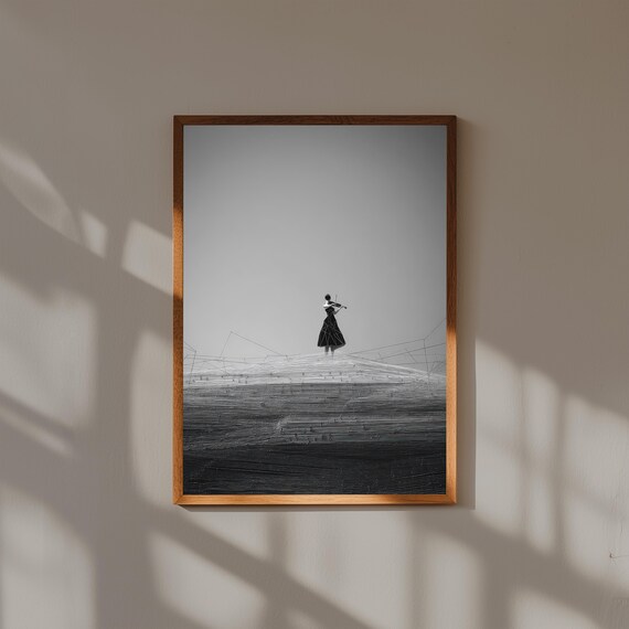 Minimalist Violin Woman Wall Art – Surreal Black and White Photography – Elegant Abstract Music Decor – Modern Monochrome Poster Print