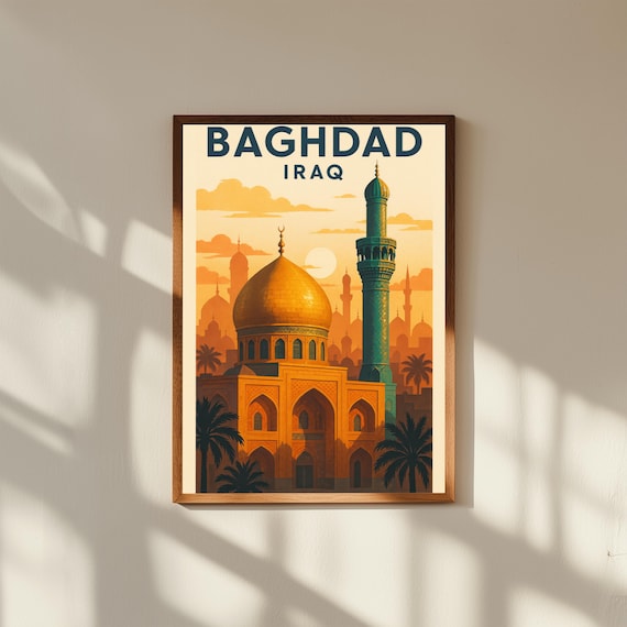 Baghdad Iraq Vintage Travel Poster Print – Retro Wall Art of Tigris River & Golden Domes – Middle Eastern City Decor for Home