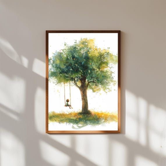 Watercolor Art Print of Child on Swing Under Tree – Whimsical Nursery Wall Decor, Kids Room Illustration, Peaceful Nature Scene
