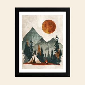 Retro Camping Wall Art with Tent, Pine Trees & Campfire | Vintage Outdoor Print | Rustic Cabin Decor | Nature Hiker Gift | Camp Poster