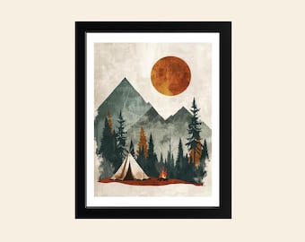 Retro Camping Print: Vintage Tent, Pine Trees, Campfire