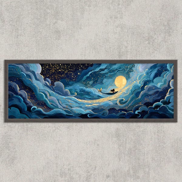 Mermaid Moon Dream Art | Celestial Ocean Fantasy Wall Print | Starry Sky Painting