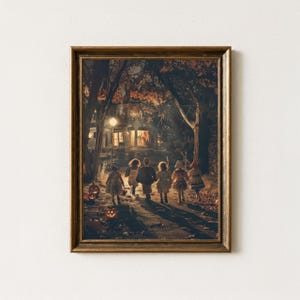 Halloween Children Art Print: Trick-or-Treaters Under Streetlights image 1