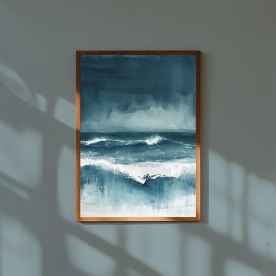 Stormy Sea Coastal Wall Art | Moody Ocean Beach Painting | Dramatic Seascape Print | Dark Blue Wave Art | Nature-Inspired Decor